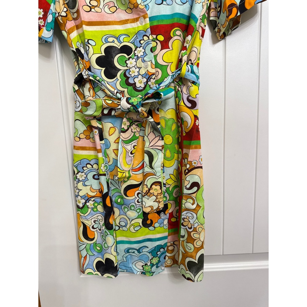 Le Ragazze Made In‎ Italy Multicolor Print Short Sleeve Belted Dress Medium - Picture 2 of 6